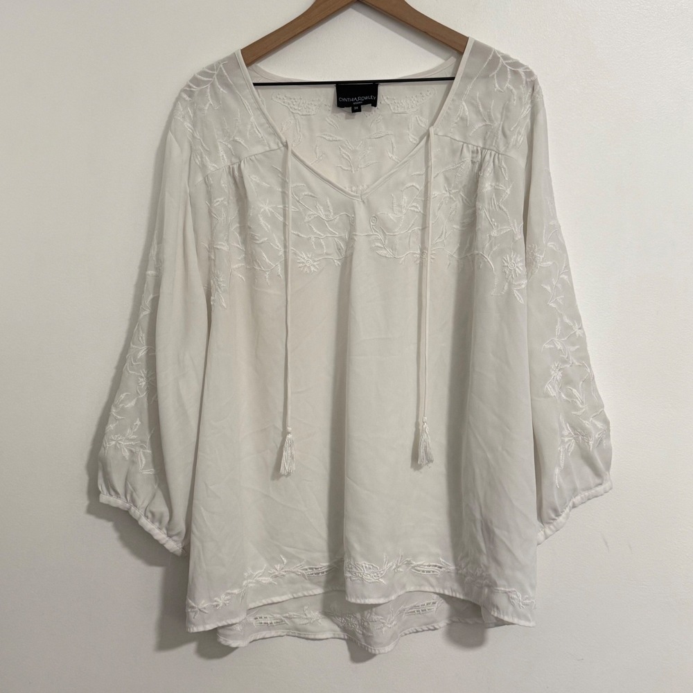 Cynthia Rowley Blouse Women 3X White Embroidered Tassel Peasant Boho Cottagecore